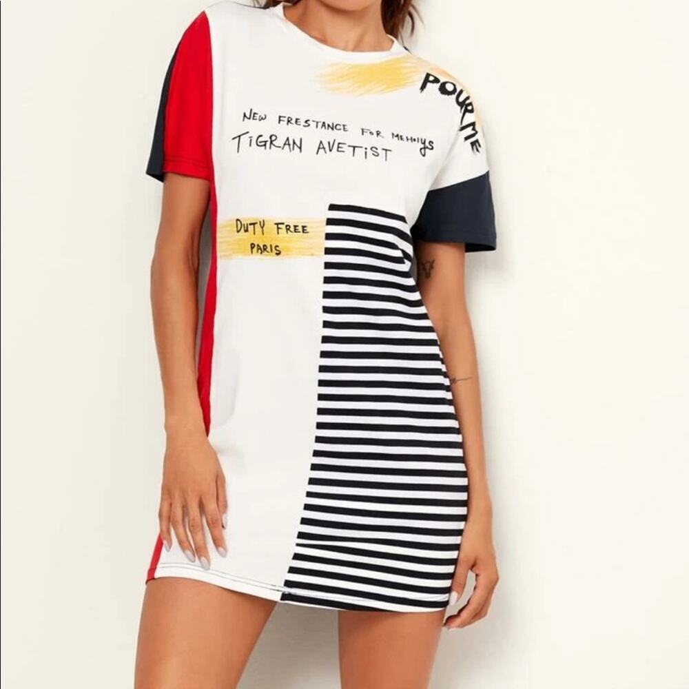 NEW SHEIN White Black Red Yellow Graphic Slogan Striped Tee Shirt Mini Dress S